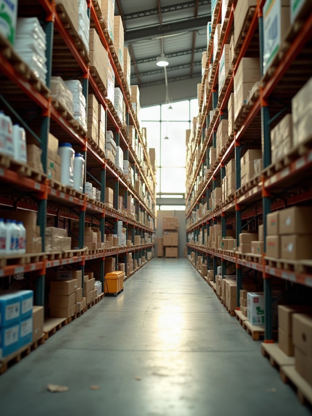 Quiet warehouse aisle with mixed non-food cartons on olive steel racking