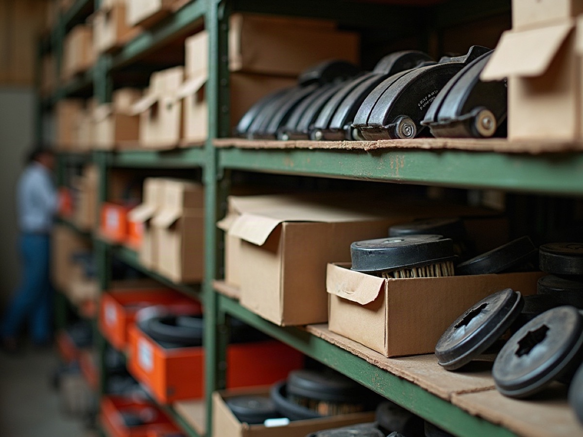 Auto-parts bay with filters, hoses, and boxed fasteners on metal shelves