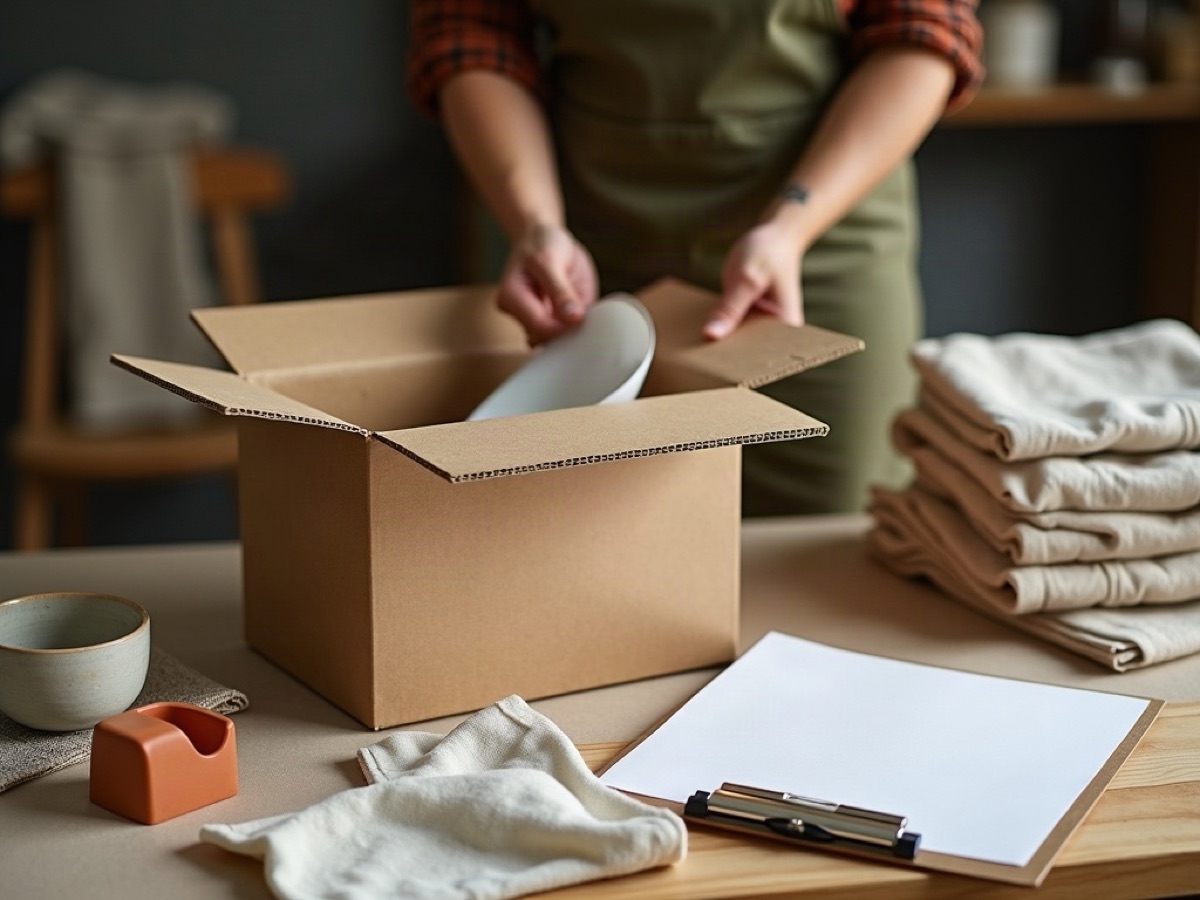 Packing table with a mixed carton of auto parts, linen, and a ceramic bowl ready for dispatch