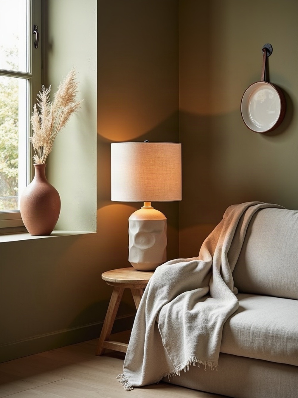 Styled living corner with lamp, linen throw, and terracotta vase used as a furnishings showroom